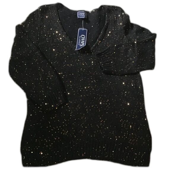 Chaps V Neck Sweater Size M Black 3/4 Sleeve Copper Sequins Cotton Blend NWT - Picture 1 of 7